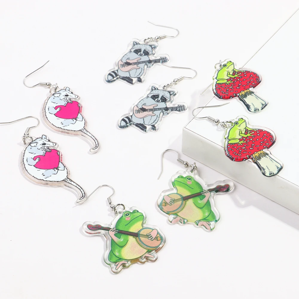 New Cute Magic Frog Mushroom Acrylic Print Earrings for Women Girls Funny Rat Heart Racoon Guitar Dangle Earring Jewelry Gifts