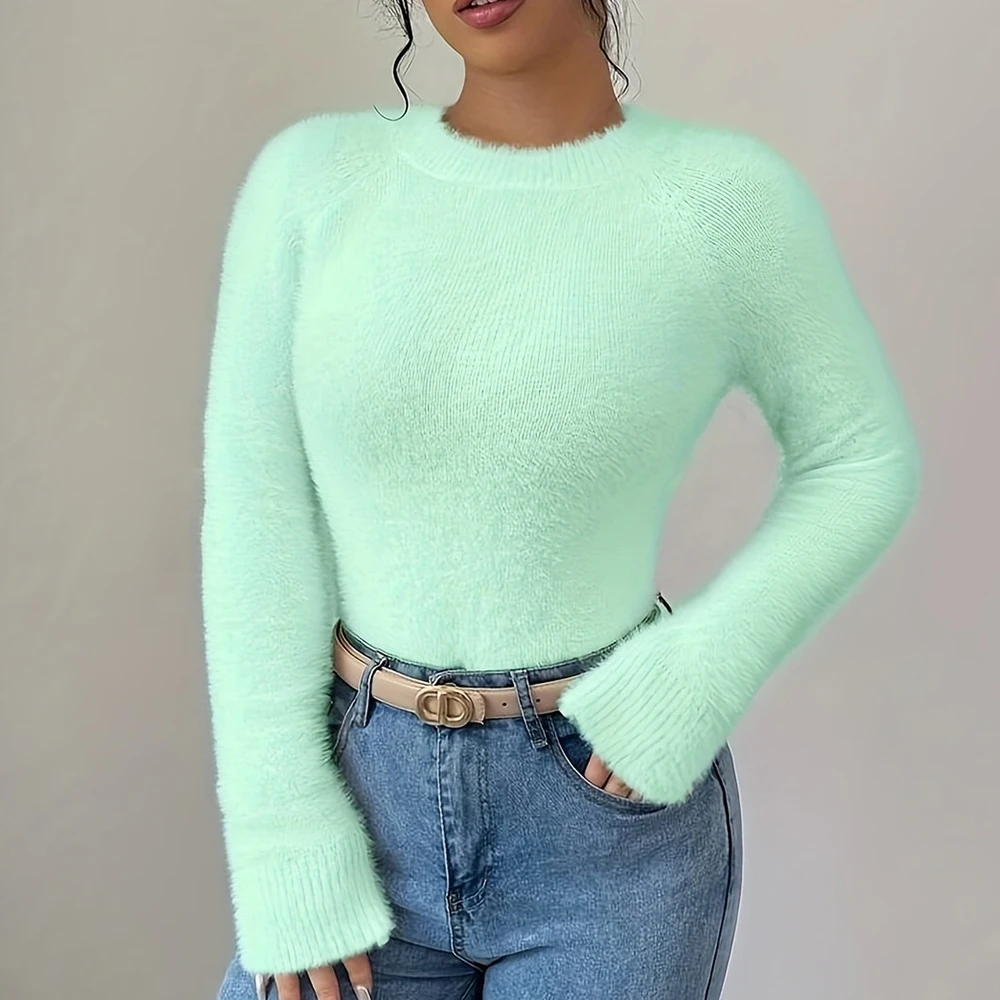 Women Fuzzy Sweater O Neck Long Sleeve Slim Fit Knit Top Soft Fluffy Warm Pullover Elegant Casual Basic Jumper For Daily