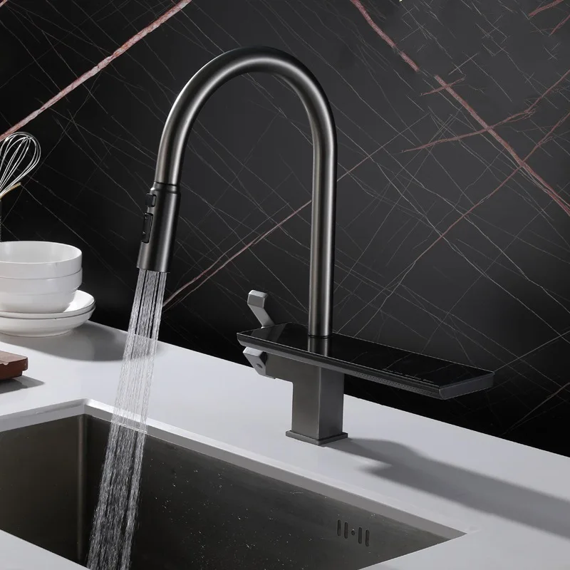 

Modern Kitchen Pull Out Sink Faucet Deck Mounted 4 Function Vessel Sink Faucet Single Hole Cold and Hot Mixer Tap Gray