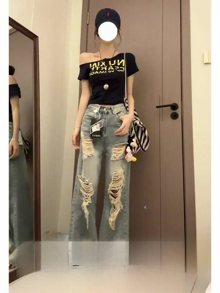 

Женские джинсы с высокой талией, прямые, осенне-зимние, новые, свободного кроя, с эффектом потертости, повседневные, модные