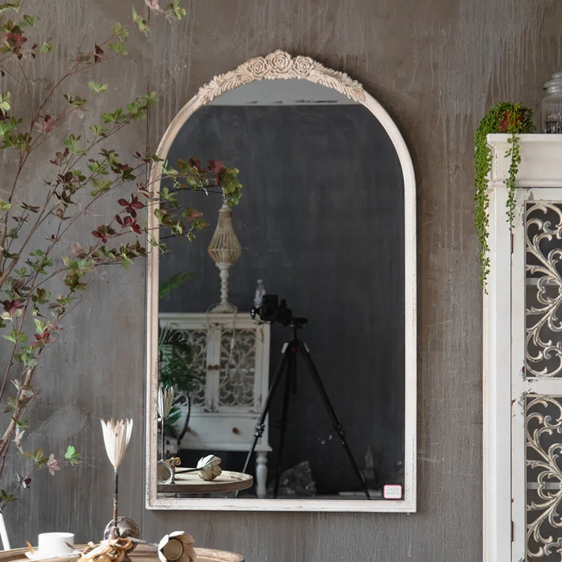 French vintage dressing mirror, wall-mounted solid wood distressed bedroom, living room, entryway decorative mirror, clothing st
