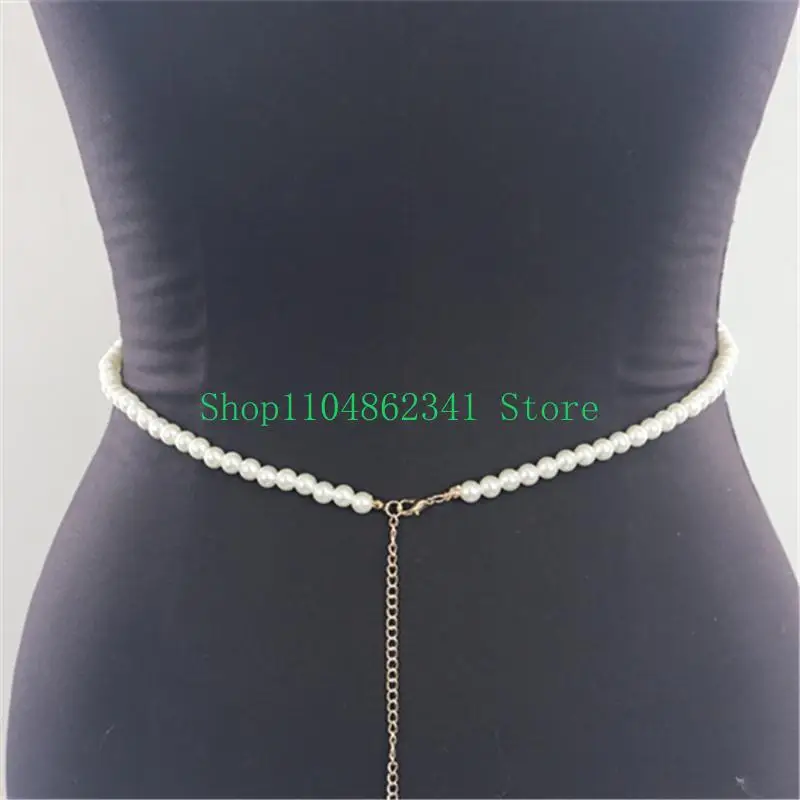 652F Female Body Chain Choker Jewelry Artificial Pearls Chain Formal Event Chest Chain