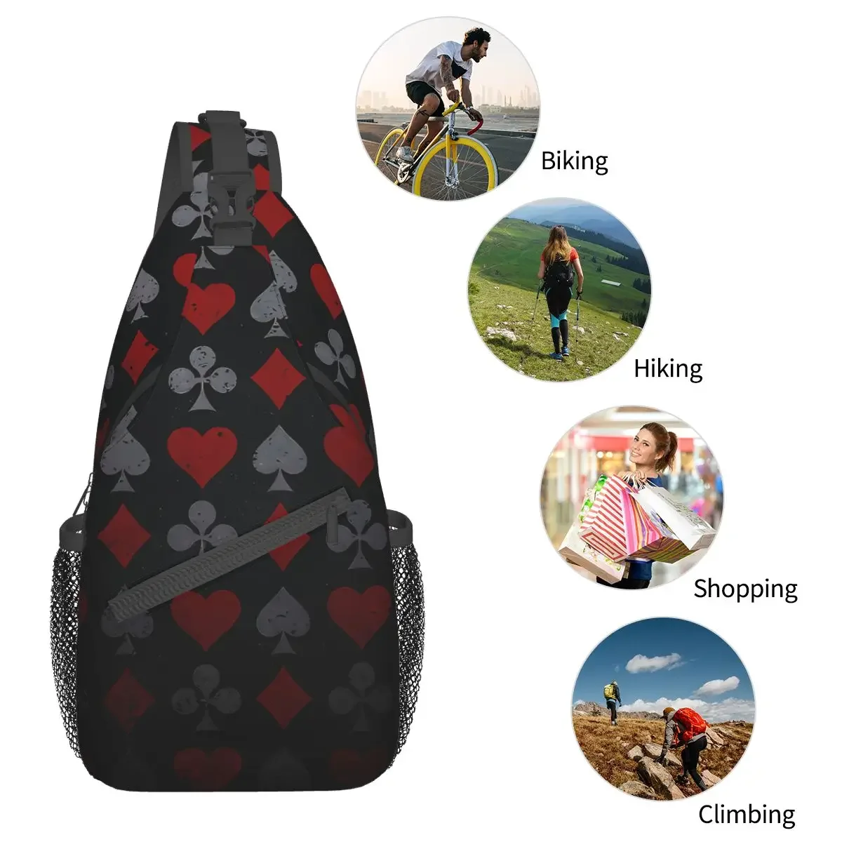 Poker Pattern Crossbody Bag Sports Black Poker Card Chest Bag Unisex Women Man Fashion Shoulder Backpacks Travel