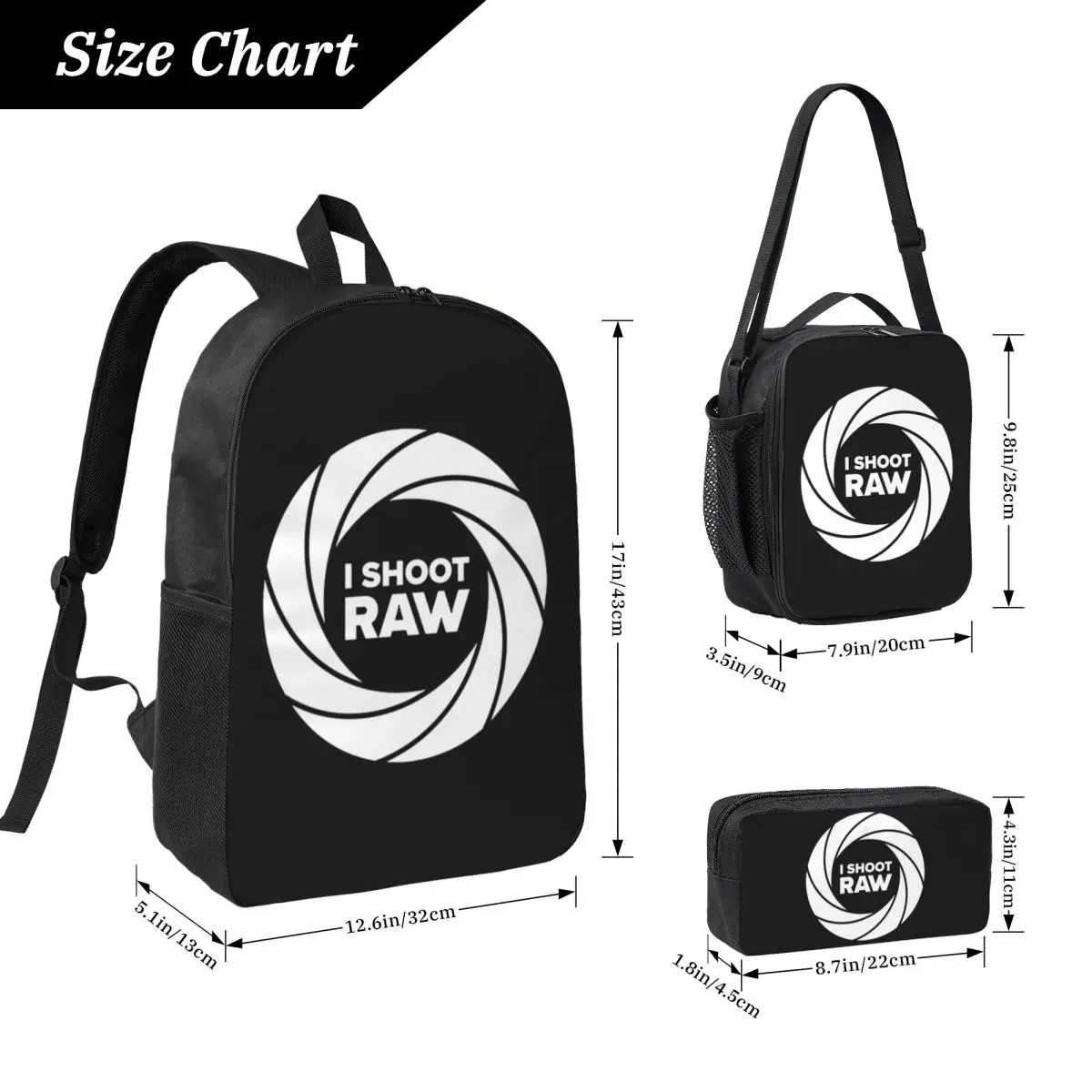 I Shoot Raw Backpack Student BookBag School Bag Computer Shoulder Bags 3ps Insulated Lunch Bag Pencil Case