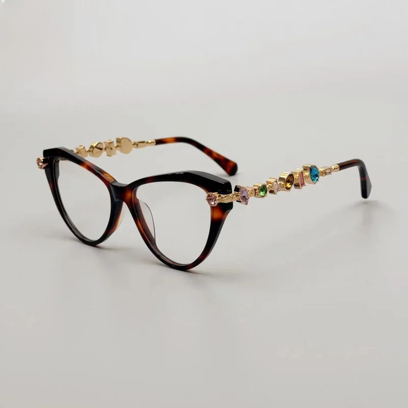 2026 Fashion Cat Eye Eyeglasses Women Luxury Gem Metal Frame Pink Acetate Slim Anti Blue Light Prescription Myopia Eyewear