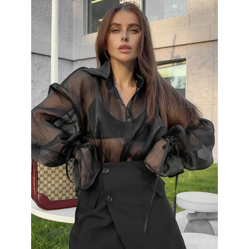 

2026 New See Through Mesh Cardigan For Women Fashion Lace Up Long Sleeve Shirts Female Black Loose Casual Shirt Ladies