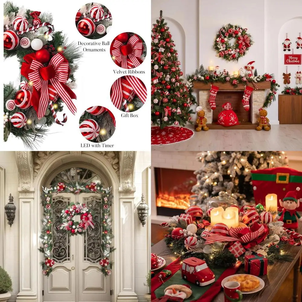 

Большой предварительно освещенный рождественский венок с красными и белыми шариками и бантом для праздничного декора на открытом воздухе