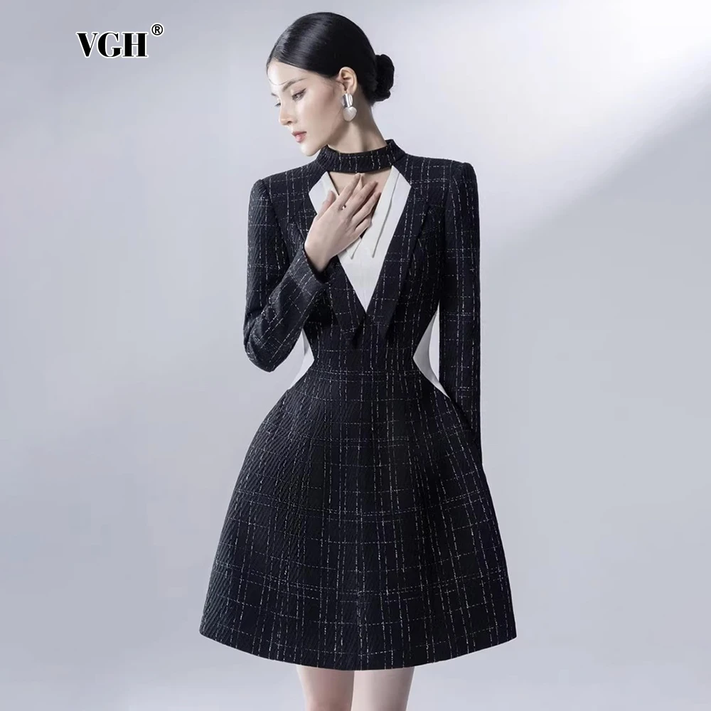 

VGH Elegant Hit Color Slimming A Line Dresses For Women Round Neck Long Sleeve High Waist Temperament Short Dress Female Style