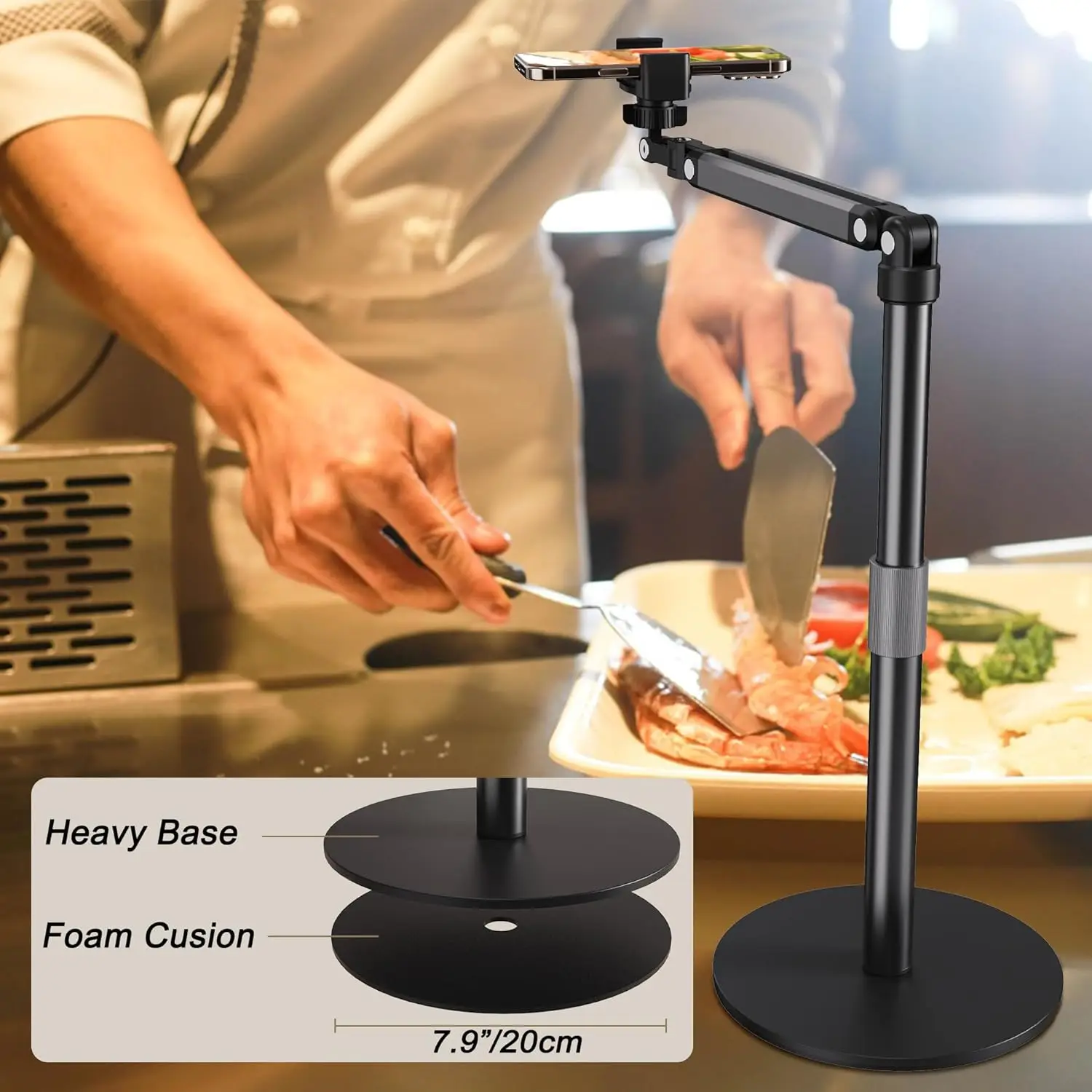 Adjustable Phone Stand for Overhead Recording, Flexible Arm for Video, Painting, Meeting - Desktop Mount