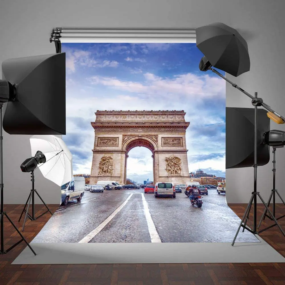 Photography Backdrop Paris Arc DE Triomphe Rolling Cars Blue Sky For The City Landmark Tourism For Birthday Party Decoration