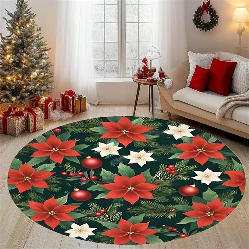Christmas Poinsettia Round Carpet Red Berry Xmas Ball Pine Leaf Area Rug Holiday Decor Circular Floor Mat for Living Room