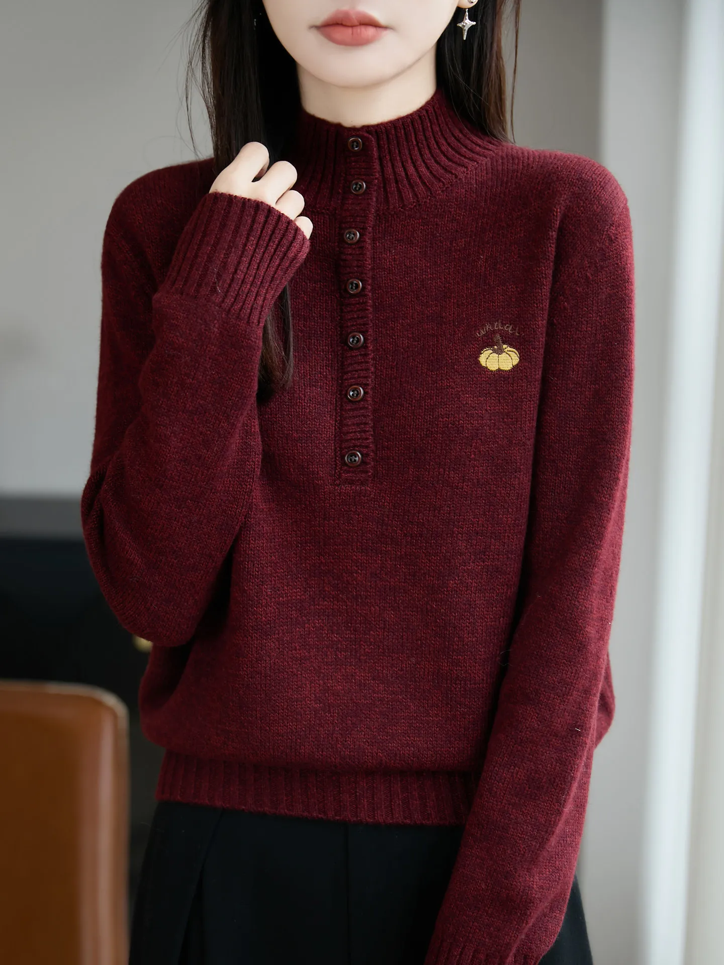 

Мягкий вязаный свитер с несколькими пуговицами, женский, винно-красный, универсальный, длинный, повседневный, вязаный топ