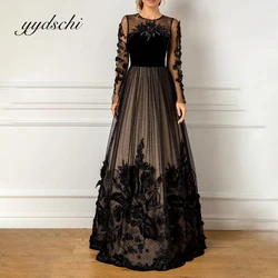 Customized Beading Prom Dress Long Sleeve Lace Cocktail Party Elegant Floor Length Illusion Black Evening Dresses for Women 2024