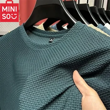 MINISO 대나무 메쉬 아이스 실크 티셔츠 남성용, 반팔 라운드넥 티셔츠, 남성 바텀 셔츠, 단색 남성 탑, 여름 신상