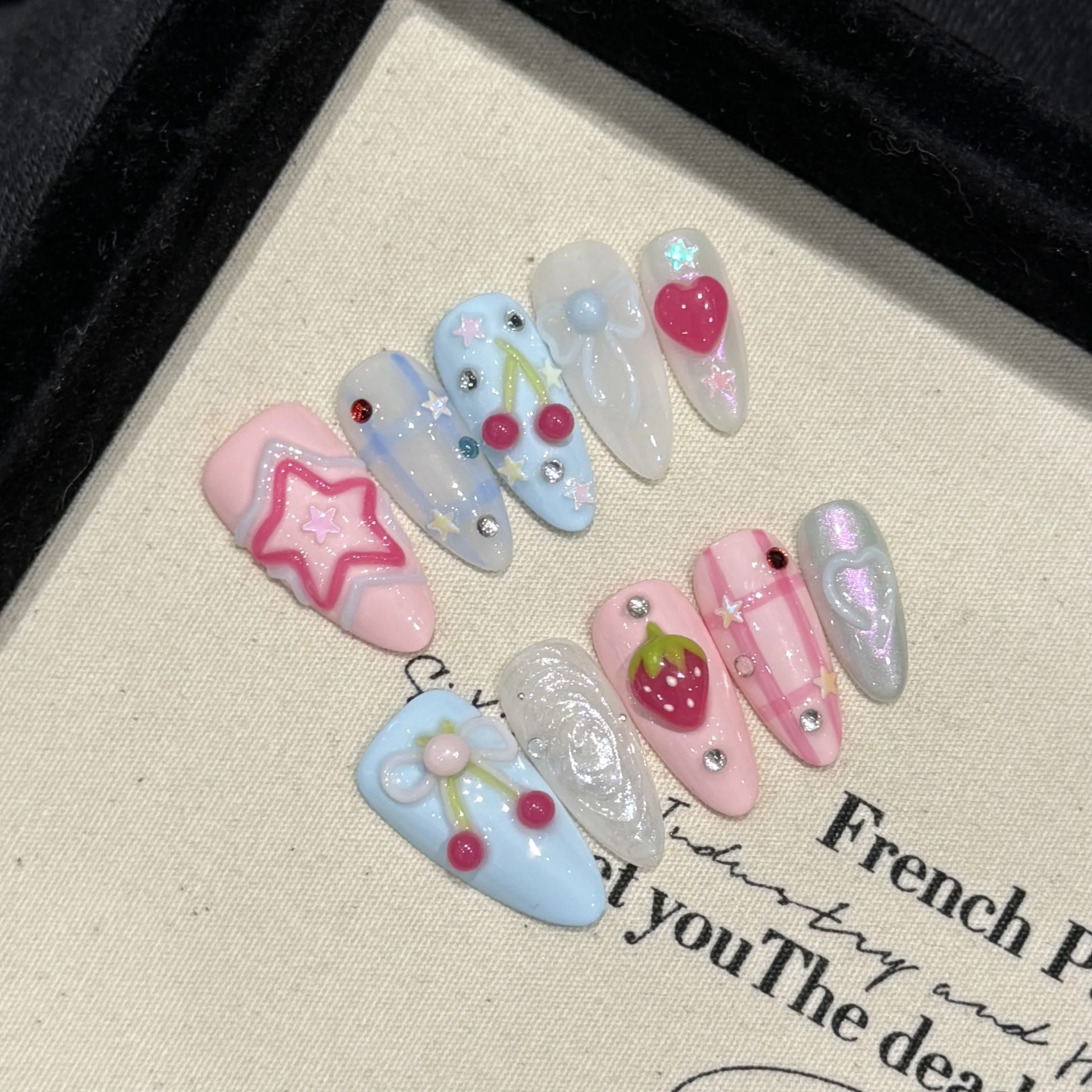 Handmade Press on Nails Ins Sweet Pink Blue Color Fake Nails for Girls Wearable 3D Cherry Love Star Korean Cute False Nail Tips