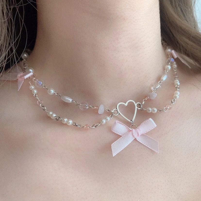 Girly Sweet Cute Bow Pearl Heart Necklace 2024 Summer New Fashion Japanese Handmade Elegant  All-Match Clavicle Chain for Women