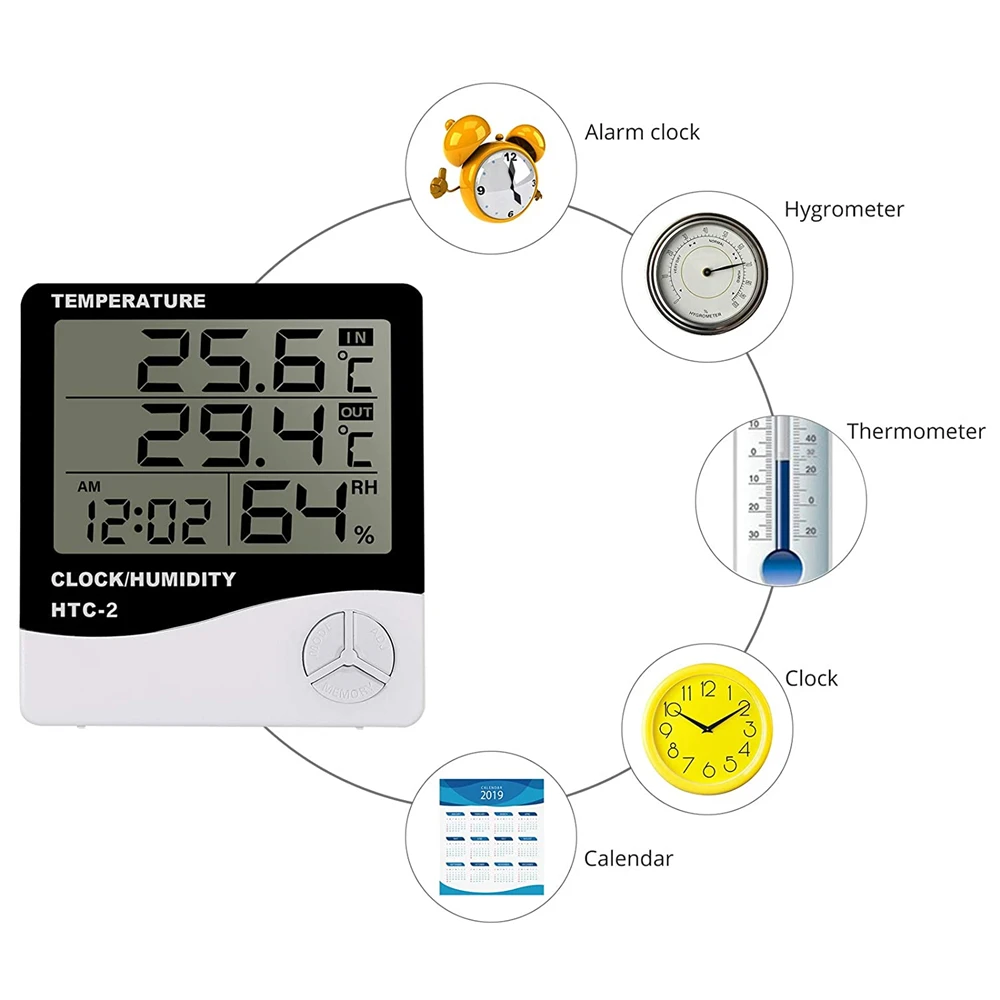 HTC-1 HTC-2 LCD Electronic Digital Temperature Humidity Meter Home Thermometer Hygrometer Indoor Outdoor Weather Station Clock