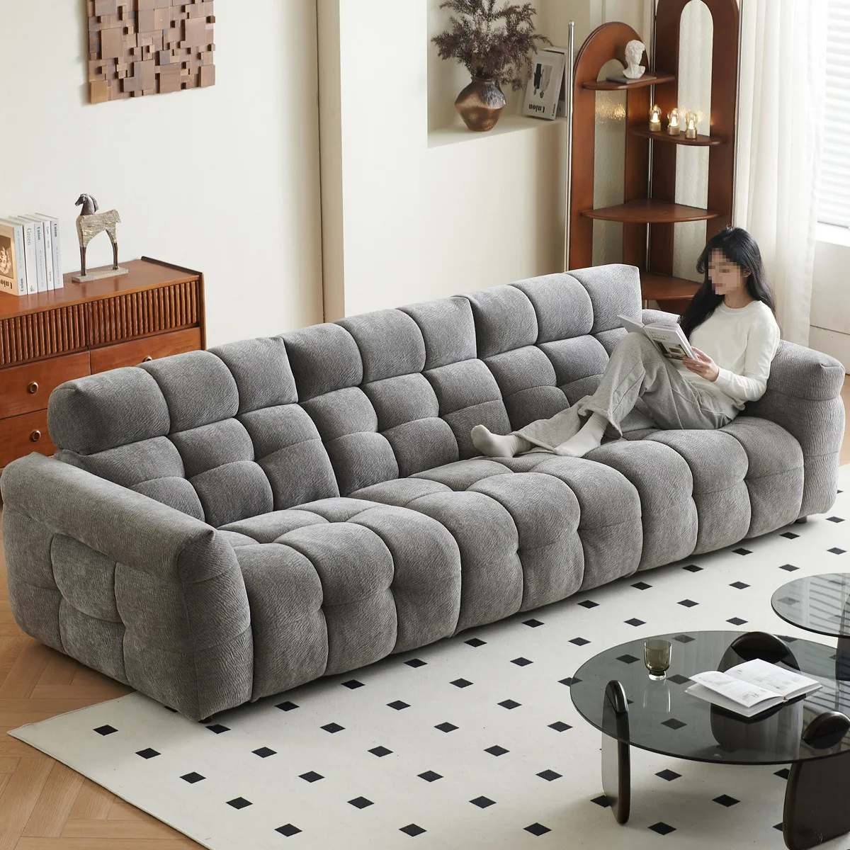 Living room straight row chenille fabric marshmallow sofa high backrest small apartment simple sofa sectional sofa