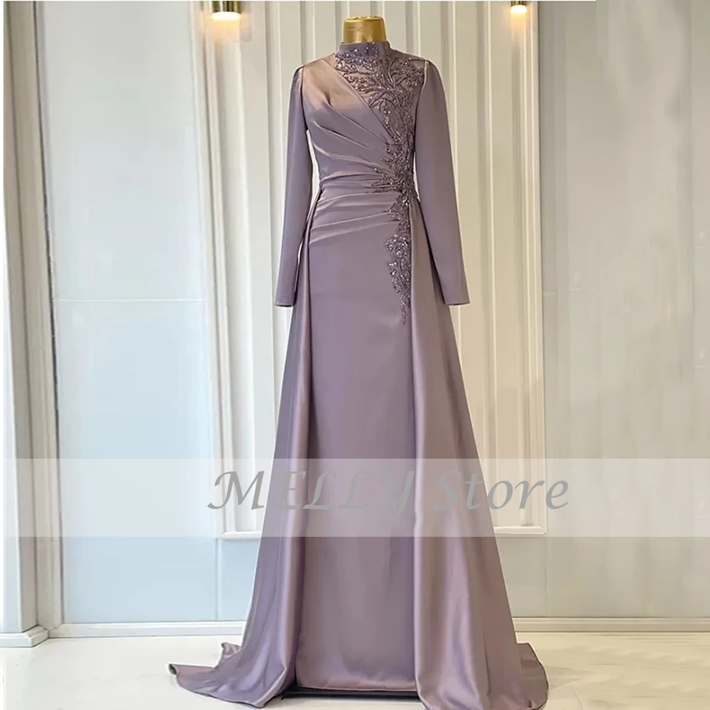 Modern Evening Dresses For Women Lace Applique Full Sleeves High Neck Prom Gown Satin Mermaid Sweep Train  Robes De Cocktail