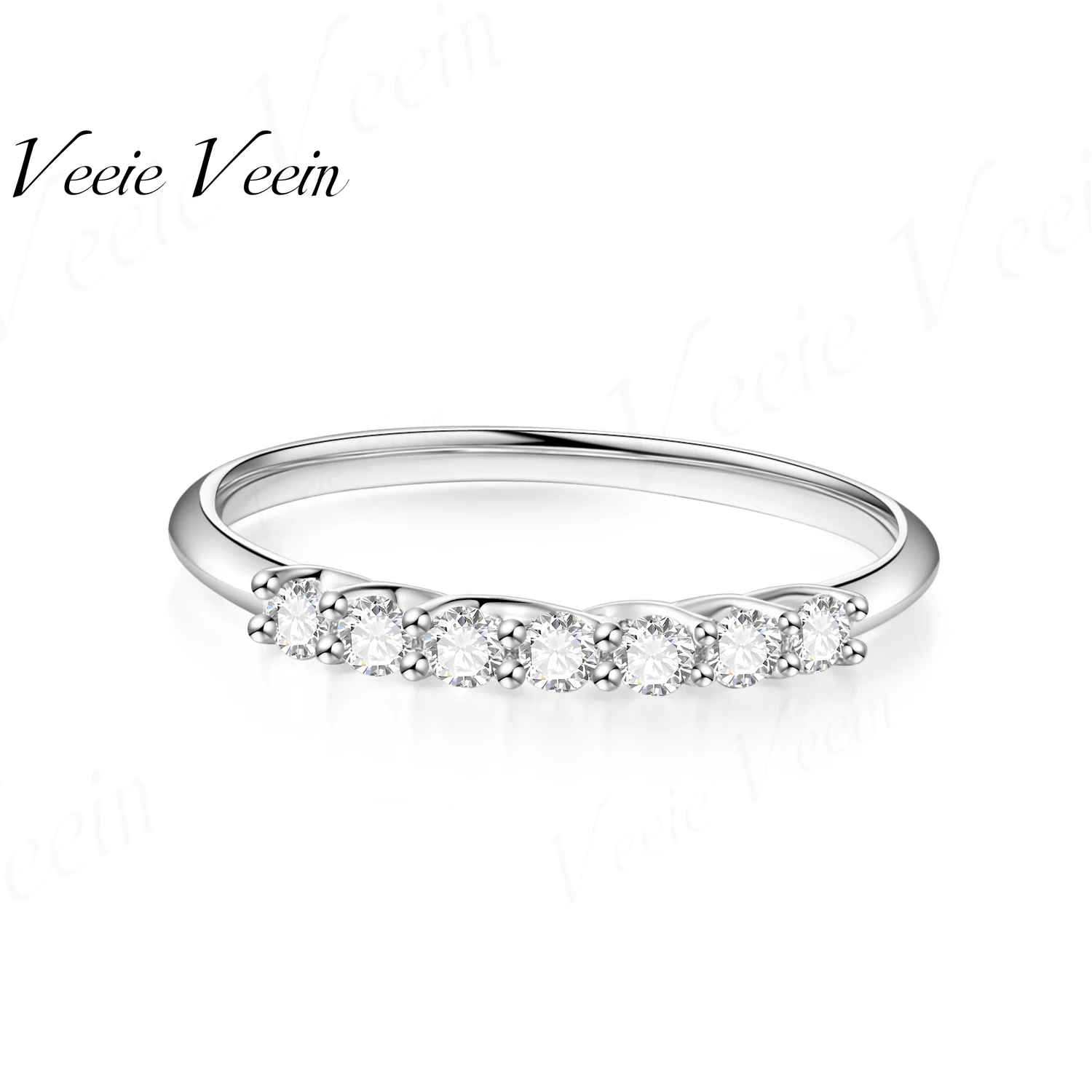 Anillo de banda con diamantes de lujo redondos de 0.2ct de Veeie Veein Jewelry para mujer, anillo a juego de oro blanco sólido de 18k, personalizable.