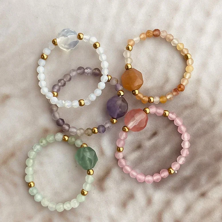 Natural Stone Beaded Rings For Women Crystal Stainless Steel Simple Fashion Elastic Rope Ring Handmade Wedding Party Jewelry