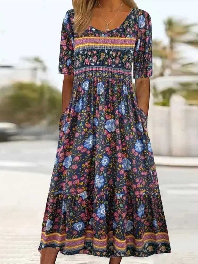 2026 Sommer Neues Damenkleid mit Rundhalsausschnitt, Kurzen Ärmeln und Langem Rock im Boho-Stil für Europa und die USA – Detail 2