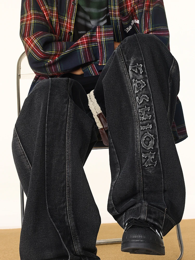 فضفاض موضة مطرزة الجينز الرجال الخريف جديد مستقيم بناطيل كاجوال مريحة واسعة الساق الشارع الشهير الذكور الدنيم السراويل #6