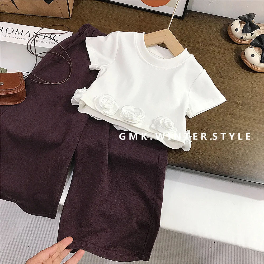 Summer Style roupa infantil menina 2PC Set for Girls Korean Chic 3D White Rose Crop Top + Purple Flare Pants kid outfit