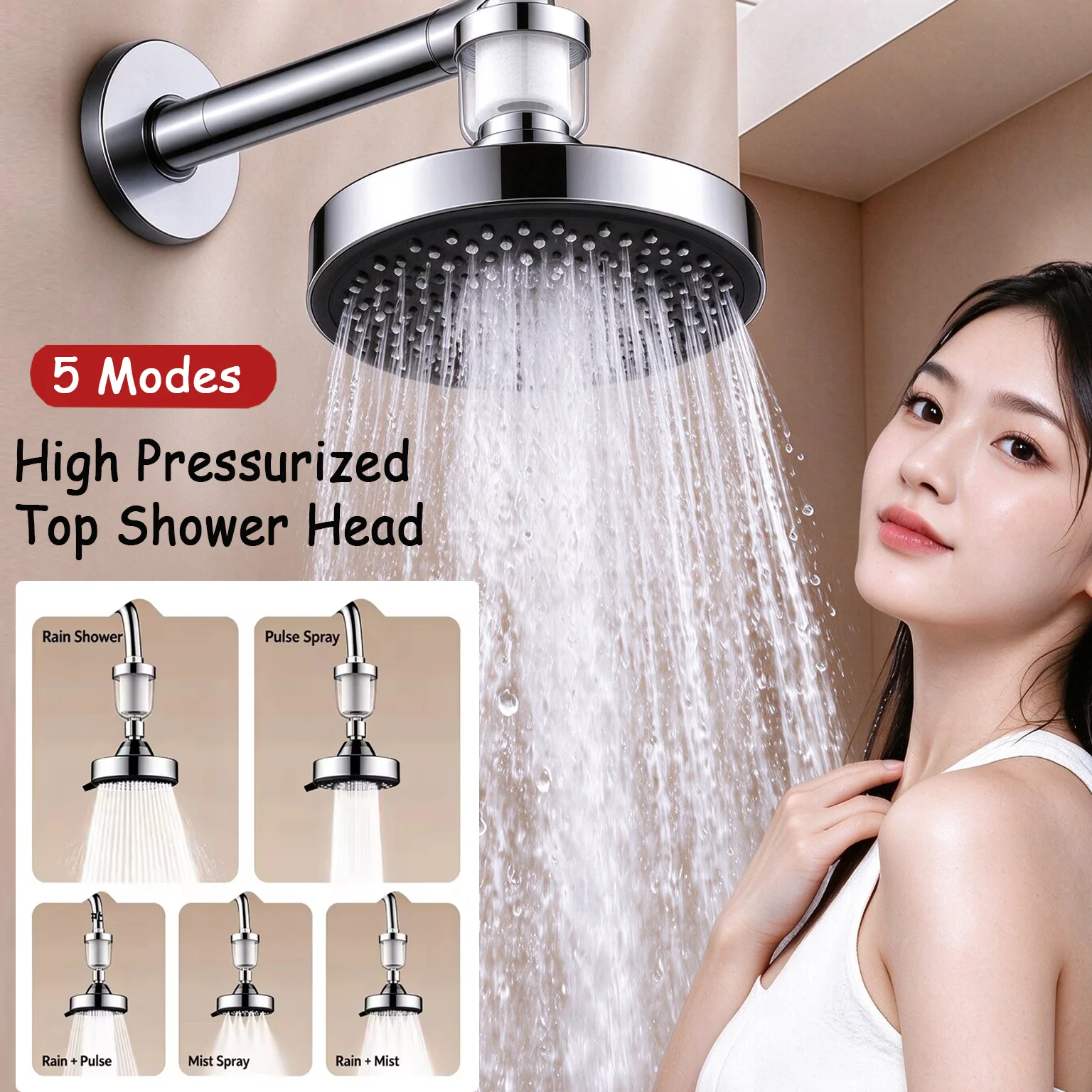 12cm Wall Mount Rainfall Showerhead 5 Modes Adjustable High Pressure Ceiling Shower Head Chlorine Fluoride Water Filter Shower