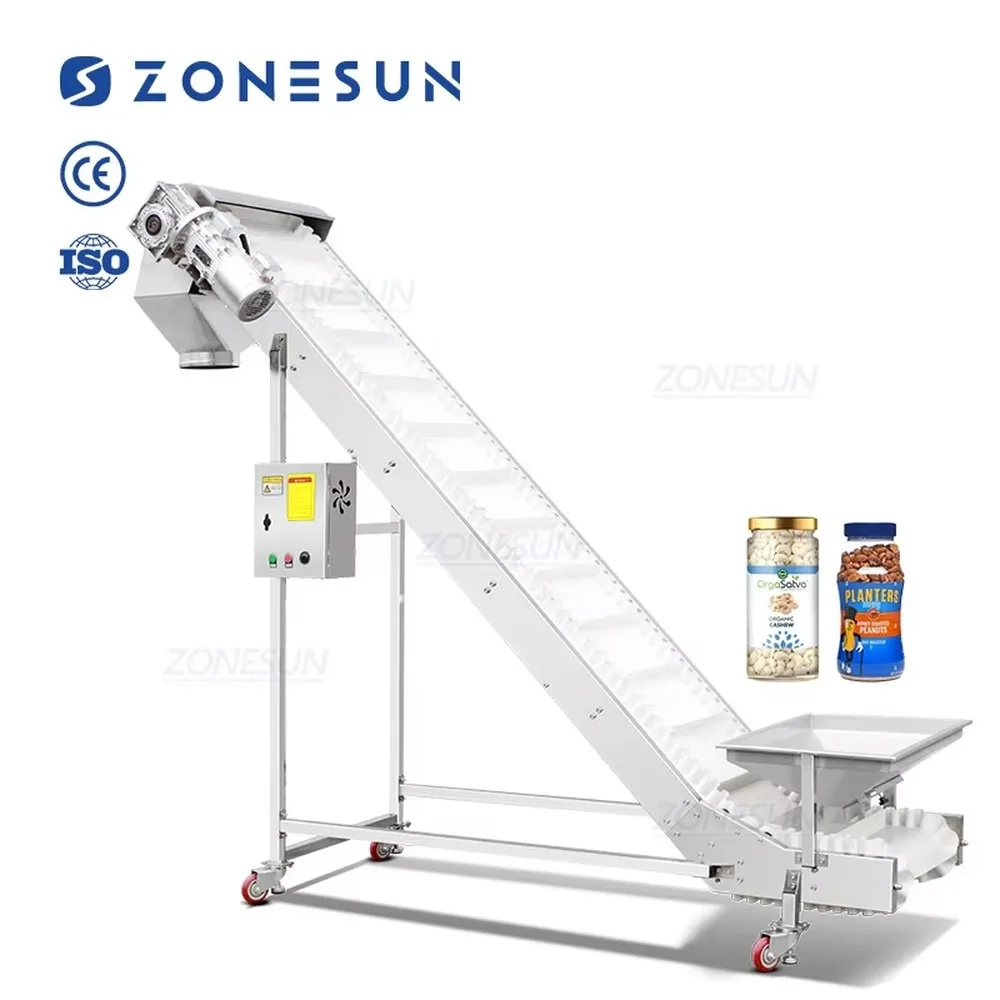 ZONESUN ZS-SLJ2 Incline Bucket Conveyor Belt Elevator with Hopper for Nuts Beans Granules Efficient Vertical Lifting