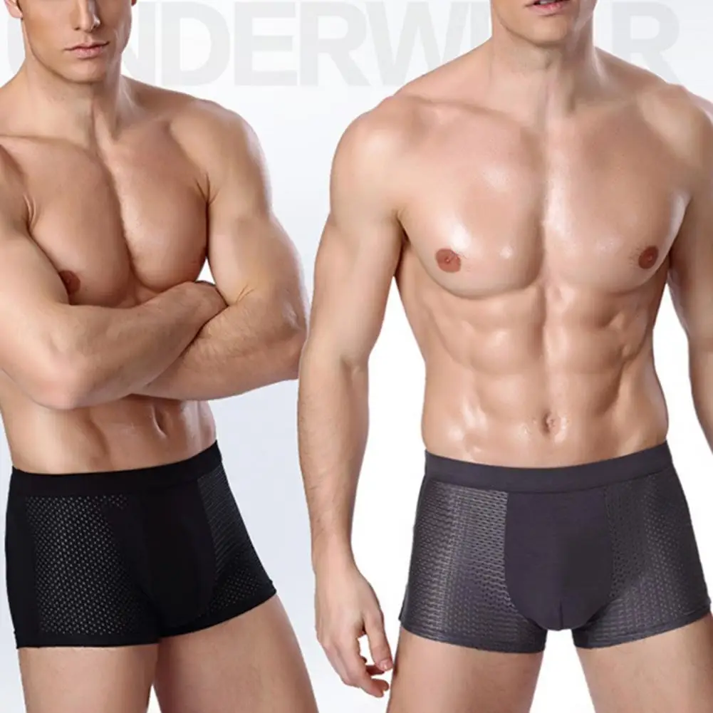 Men Summer Thin Ice Silk Shorts Panties Breathable Hollow Mesh U-convex Mid-rise Solid Color Shorts Briefs Underpants