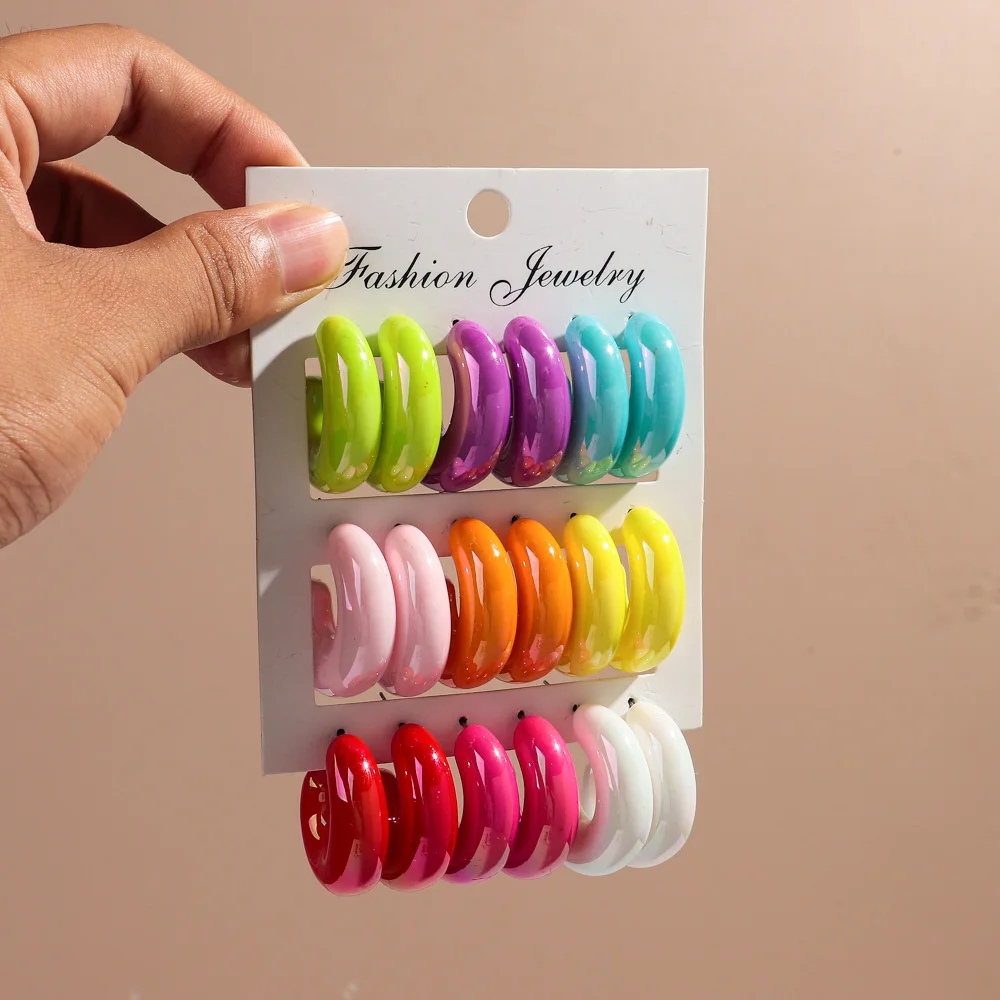 9pair/set Candy Color Acrylic Waterdrop Circle Earring Hoops for Women Statement Irregular C-Shaped Earrings New Jewelry Gift
