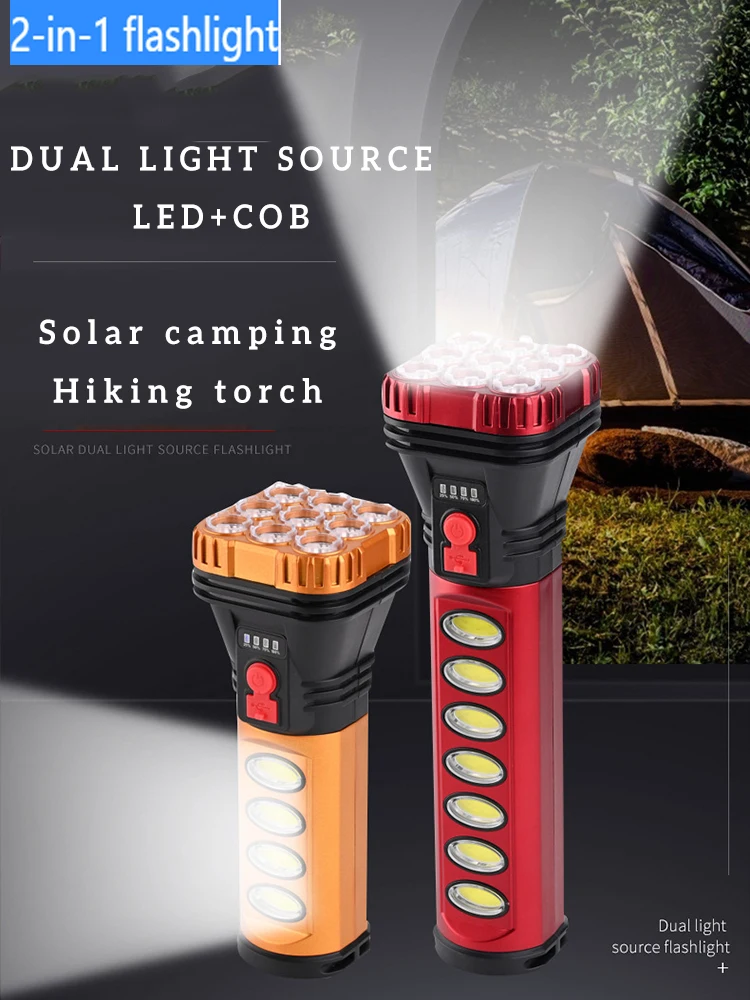 Lampe de poche DulFlashlight à charge solaire pour camping en plein air, lumière de travail COB, source de lumière pour touristes, haute lumière, 9 LED, batterie 18650