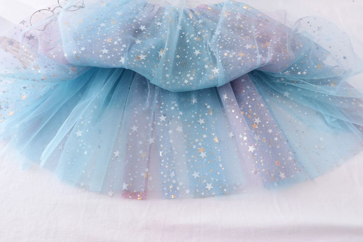 2023 Summer Girls Stars Sequin Mesh Tutu Skirt Fairy Print Puffy Cake Skirts School Girl Pleated Princess Skirt