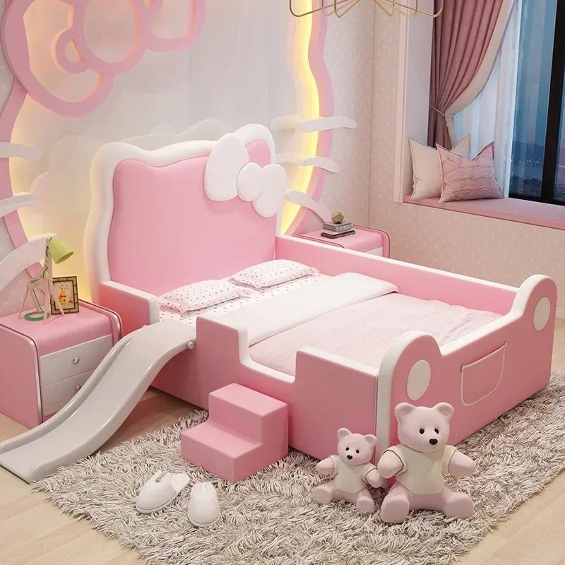 Children's furniture Children's bed Girl pink princess bed Solid wood with guardrail slide Bedroom single bed