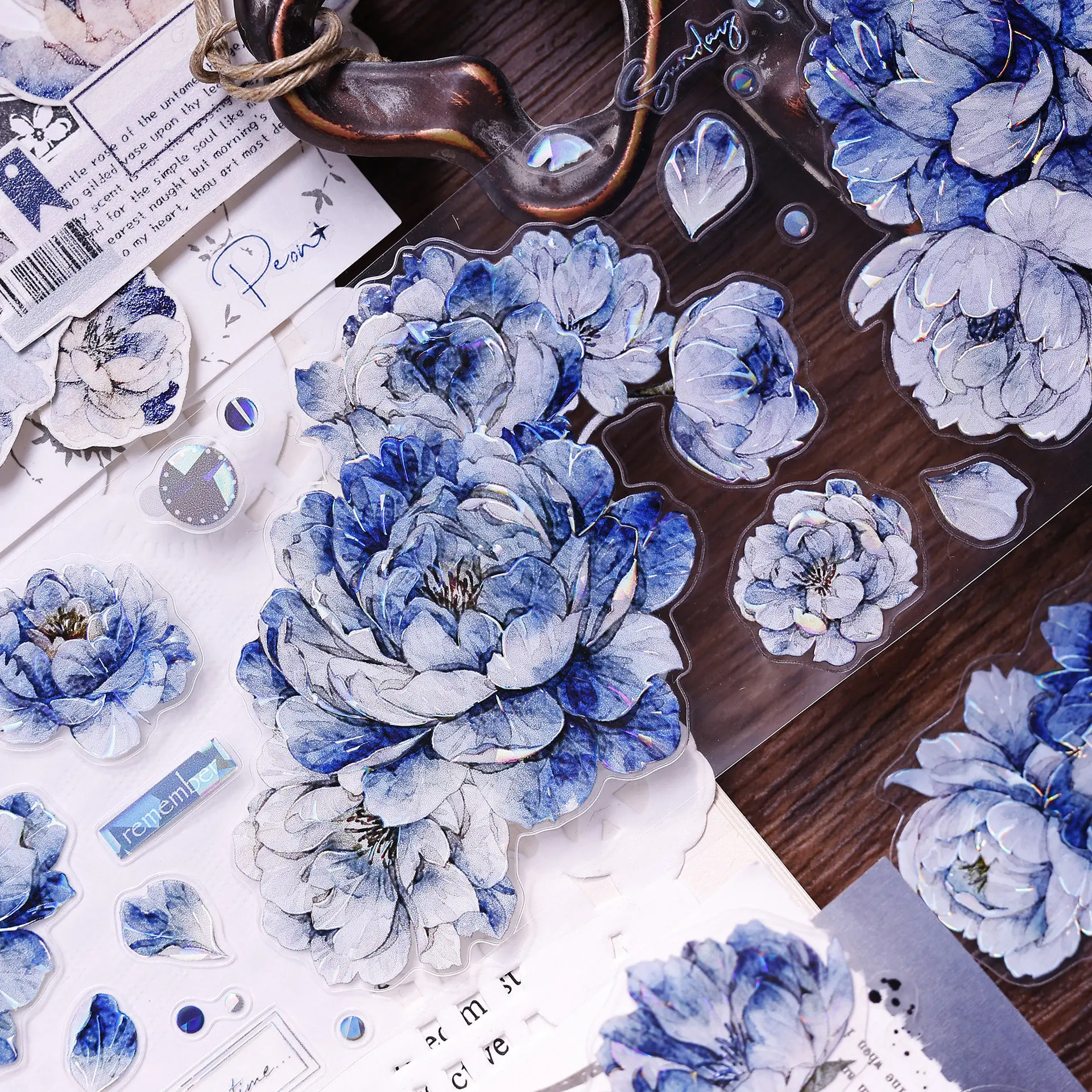 XBJ New Dark Blue Flower Mirror Peony Flower washi PETshell shiny light retro die Cut journal tape