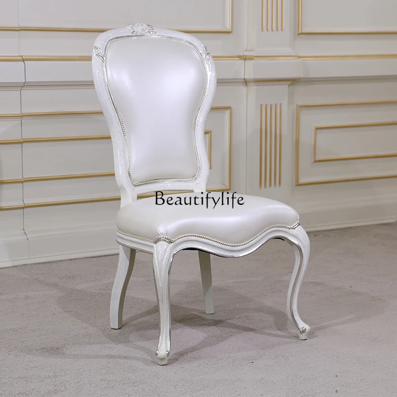 European solid wood dining chair hand-carved retro old silver tracing craft chair