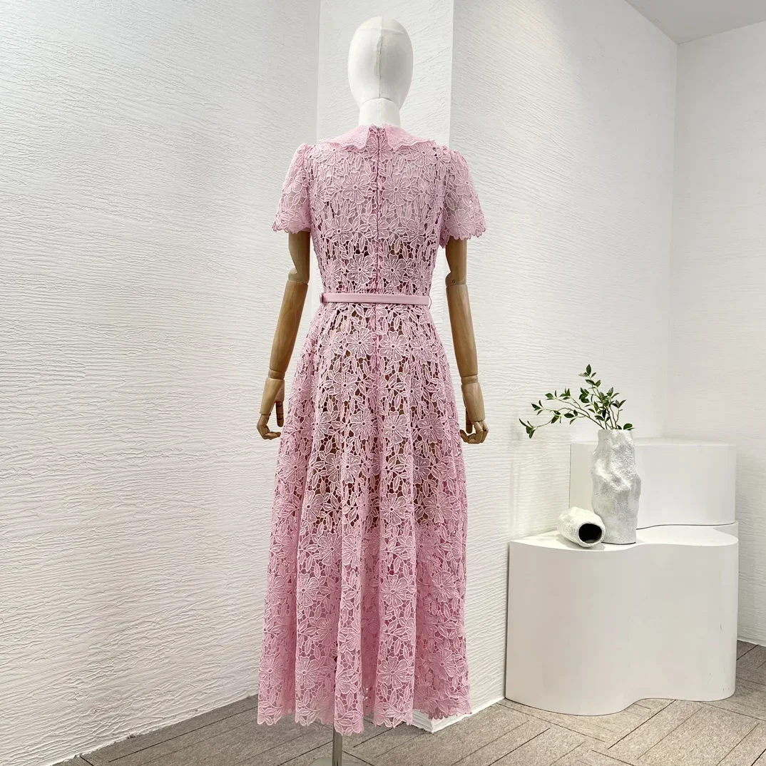 Newest High Quality Elegant Temperament Pink Lace Embroidery Hollow Out Short Sleeve Turn Down Collar Belt Midi Dress for Women