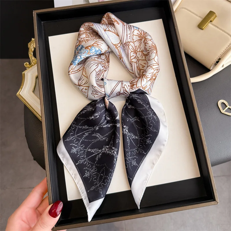 

Корейская версия, шарф-бандана с цветочным принтом, мягкий атласный стильный универсальный шейный шарф с роскошным принтом для женщин, повязки для волос, платок