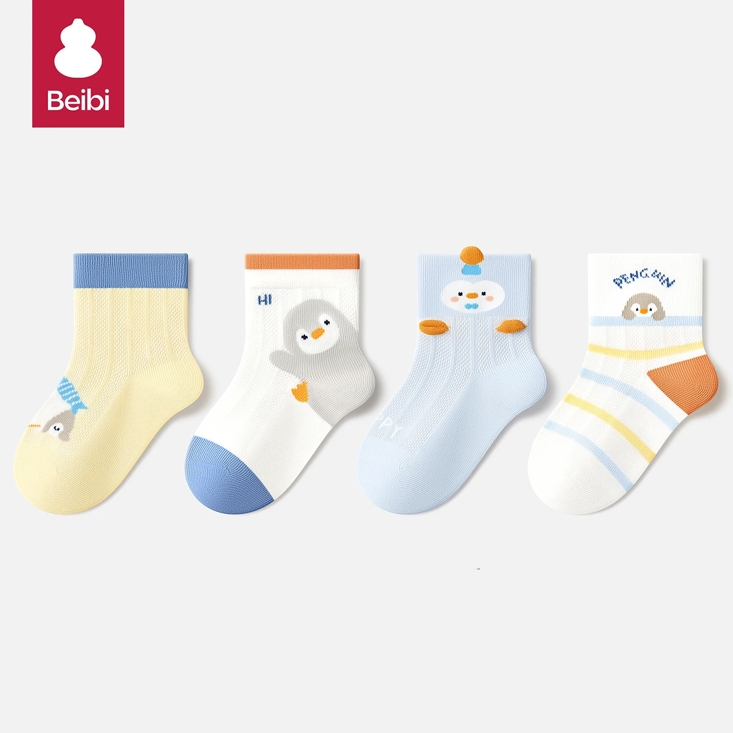 Beibi 4-pair summer thin mid-calf socks, with cute cartoon penguin print, suitable for ages 0-6