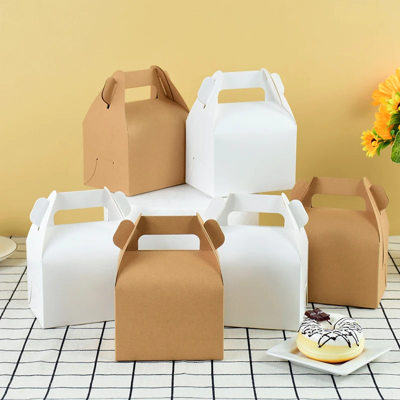 /20pcs Kraft papier Kuchen zum Mitnehmen Falt schachteln mit Griff Lebensmittel Süßigkeiten tragbare Box Geburtstag Hochzeits feier Süßigkeiten Geschenk verpackung