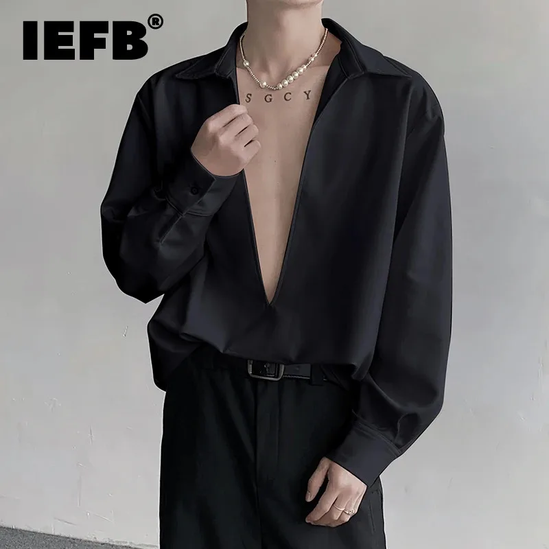 

IEFB Autumn Winter V-neck Design Male Shirt Solid Color Male Long Sleeve Shirts 2024 Korean Temperament Top Handsome 9C6988