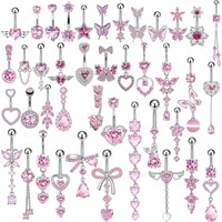 Fashion Pink Crystal Crown Belly Button Rings Stainless Steel Long Pendant Butterfly Heart Navel Piercing for Women Jewelry