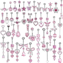 Fashion Pink Crystal Crown Belly Button Rings Stainless Steel Long Pendant Butterfly Heart Navel Piercing for Women Jewelry