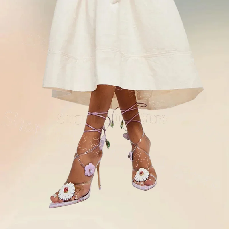 

Floral Print Sunflower Design Twine Sandals Lace Up Women Shoes Thin High Heels Open Toe Party Banquet 2025 Zapatos Para Mujere