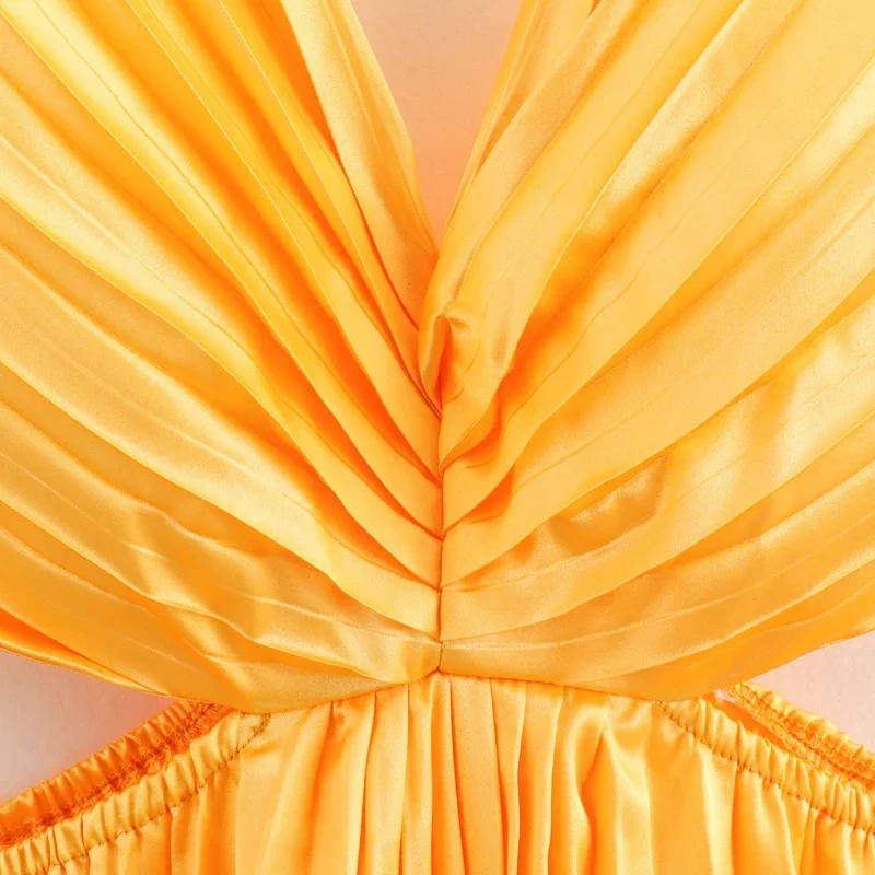 TRAF Women's Cut-Out Sleeveless Slip Dress Summer 2024 Midi Pleated Dress Orange Backless Maxi Dress Fashion High Street Dresses