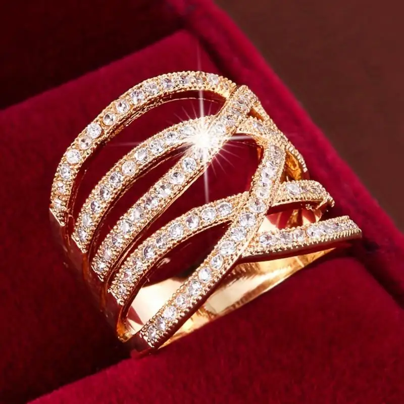Huitan Hollow Cross Design Women Ring Gorgeous Party Fashion Inlaid Bright Cubic Zirconia Fashion Accessories Statement Jewelry