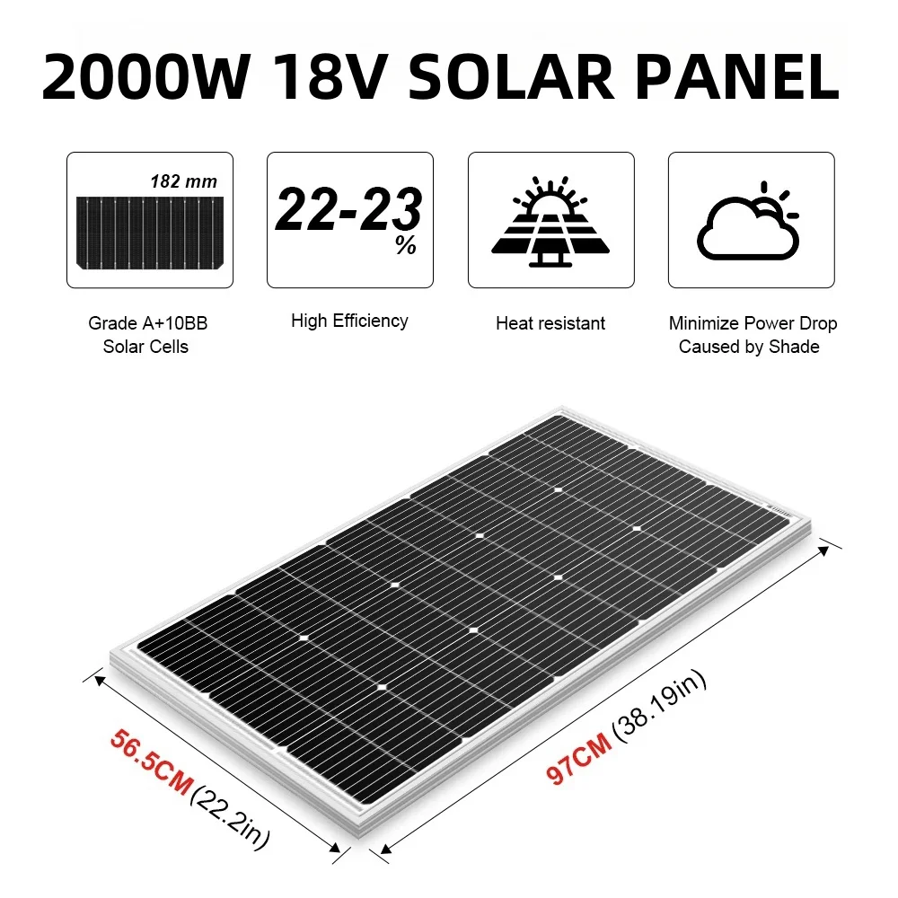 2000W Rigid Solar Panel 18V High Efficiency Waterproof Monocrystalline Solar Panel Kit  For Home Car solar Cell