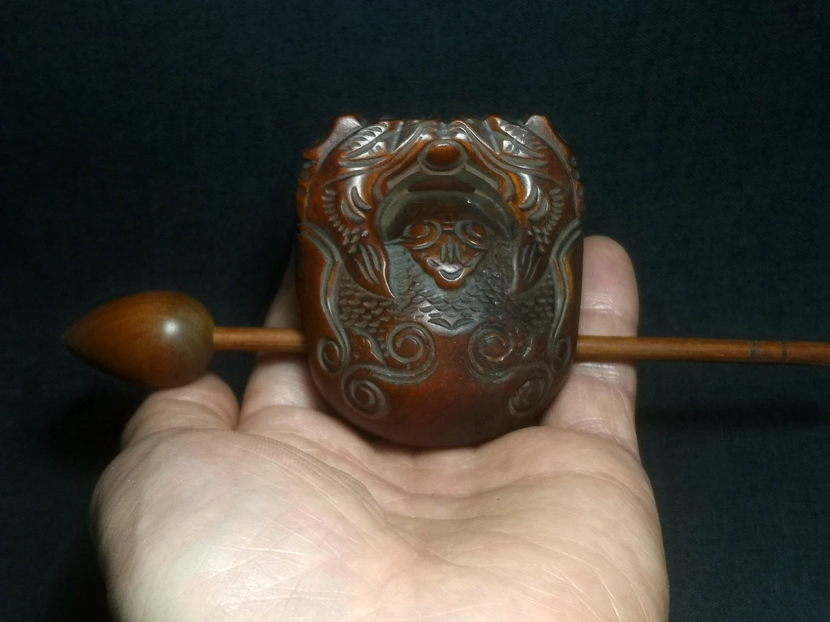 

1919 Chinese Boxwood Hand Carved dragon phoenix statue wooden knocker Decoration Collection gift