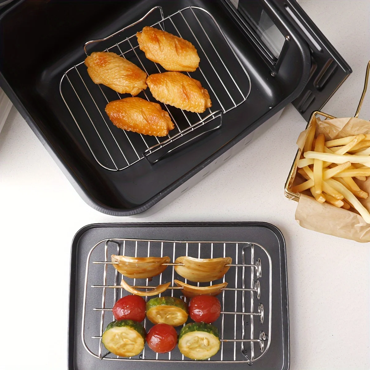 Air Fryer Baking Rack Outdoor Grill Set with Skewers Stainless Steel Stackable Grill Skewer Rack BBQ Home Baking Dishes Bracket